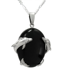 Sterling Silver Dolphins Onyx Pendant Necklace