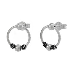 Sterling Silver Ball with Hanging Decorated Circle Hoop Post Earrings