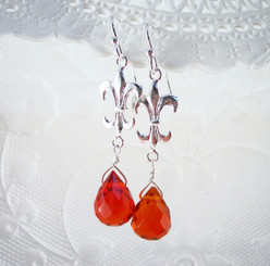 Sterling Silver "Fleur-de-lis" Red Crystal Drop Earrings