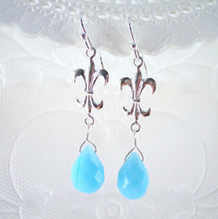 Sterling Silver "Fleur-de-lis" Sky Blue Crystal Drop Earrings