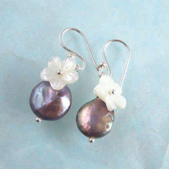 Sterling Silver "Bahama" Cultured Coin Pearl & Carved Mother-of-pearl Flower Earrings, Peacock