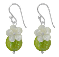 Sterling Silver "Bahama" Cultured Coin Pearl & Carved Mother-of-pearl Flower Earrings, Light Green