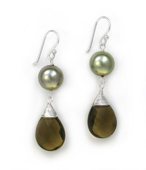 Sterling Silver Simulated Shell Pearl Crystal Drop Earrings, Smoky
