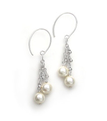Sterling Silver Simulated Pearl Tiered Chain Silver Beads Accent "Talia" Oval Hook Earrings, White