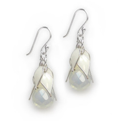 Sterling Silver "Tatiana" Enamel Leaves Teardrop Crystal Earrings, White Leaves Iridescent Drop