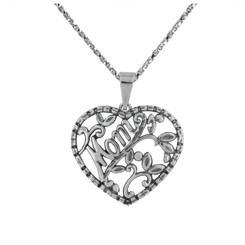 Sterling Silver "Mom" with Swirls & Leaves Heart Necklace