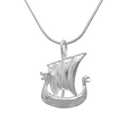 Sterling Silver Viking Ship Etched Pendant Charm Necklace