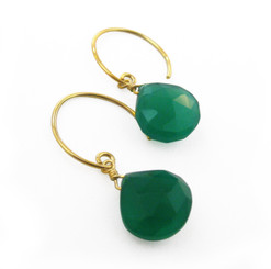 Stunning Vermeil Gemstone Drop on Open Circle Hook Earrings, Green Onyx