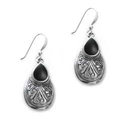 Sterling Silver Teardrop Stone Scrolls "Sofie Anne" Earrings, Onyx