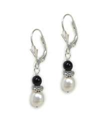 Sterling Silver "Kayla" Cultured Pearl Onyx Drop Leverback Earrings