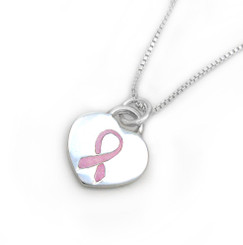 Sterling Silver Heart & Pink Ribbon Breast Cancer Awareness Necklace
