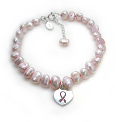 Sterling Silver Pink Ribbon Heart Charm Cultured Pearl Bracelet, Adjustable 7.5" - 8.5"
