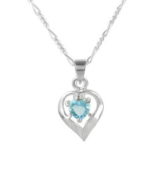 Sterling Silver Birth-Month Crystal Heart Necklace, March Aqua Blue