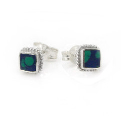 Sterling Silver Stone Inlay Square Stud Twist Rope Post Earrings, Azurite 4mm