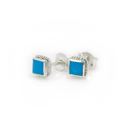 Sterling Silver Stone Inlay Square Stud Twist Rope Post Earrings, Turquoise 4mm