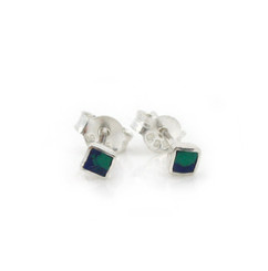 Sterling Silver Everyday Stone Inlay Square Stud Post Earrings, Azurite 2mm