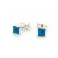 Sterling Silver Stone Inlay Square Stud Post Earrings, Turquoise 4mm