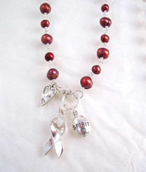 Sterling Silver Cultured Freshwater Pearl HIV/AIDS Awareness Ribbon "Spirit" and Heart Charm Necklace, 16"