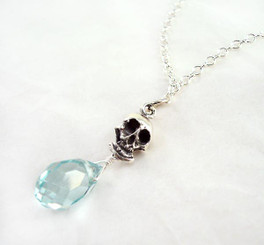 Sterling Silver "Jolly Jane" Skull & Crystal Necklace, Aqua