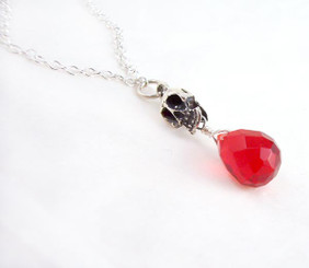 Sterling Silver "Jolly Jane" Skull & Crystal Necklace, Red