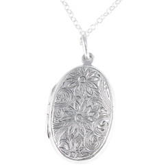 Sterling Silver Floral Pattern Large Oval Locket Necklace
