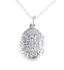 Sterling Silver Floral Pattern Oval Locket Necklace