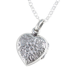 Sterling Silver Floral Pattern Small Heart Locket Necklace