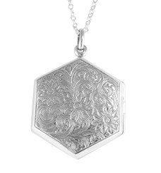 Sterling Silver Floral Pattern Hexagon Locket Adjustable Chain Necklace, 16-18 Inch