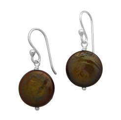 Sterling Silver Cultured Coin Pearl Drop Earrings, Brown