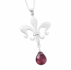 Sterling Silver Fleur De Lis & Crystal Drop Necklace, Purple