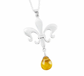 Sterling Silver Fleur de Lis & Crystal Drop Necklace, Yellow
