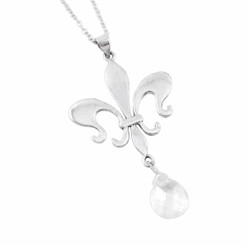 Sterling Silver Fleur de Lis & Crystal Drop Necklace, Clear