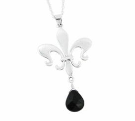 Sterling Silver Fleur de Lis & Crystal Drop Necklace, Jet