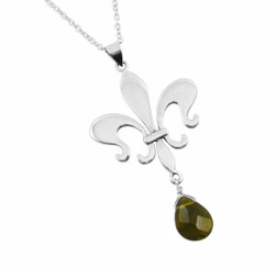 Sterling Silver Fleur De Lis & Crystal Drop Necklace, Smoke