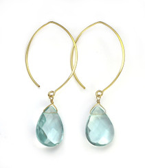 Gold Plated Sterling Silver Teardrop Crystals on Modern Elliptical Hook Earrings, Aqua