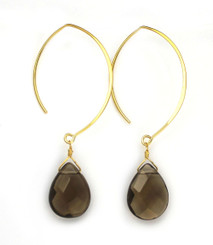 Gold Plated Sterling Silver Teardrop Crystals on Modern Elliptical Hook Earrings, Smoke