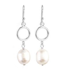 Large White Pearl & Sterling Silver Drop Earrings