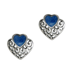 Sterling Silver Stone and Scrolls Heart Stud Post Earrings, Denim Lapis