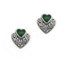 Sterling Silver Stone and Scrolls Heart Stud Post Earrings, Malachite