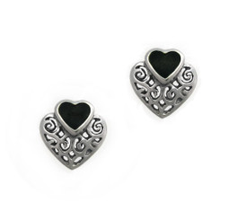 Sterling Silver Stone and Scrolls Heart Stud Post Earrings, Onyx