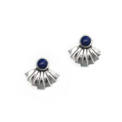 Sterling Silver Stone and Pleated Fan Stud Post Earrings, Lapis