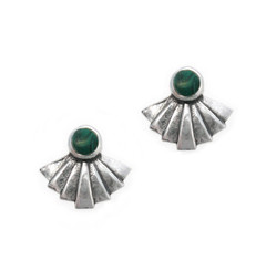 Sterling Silver Stone and Pleated Fan Stud Post Earrings, Malachite