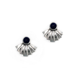 Sterling Silver Stone and Pleated Fan Stud Post Earrings, Onyx