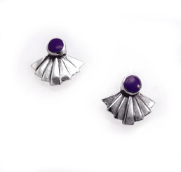 Sterling Silver Stone and Pleated Fan Stud Post Earrings, Sugalite