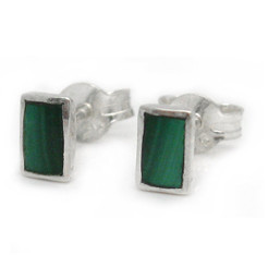 Sterling Silver Everyday Stone Inlay Rectangle Stud Post Earrings, Malachite