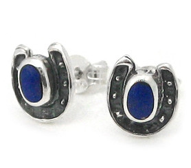 Sterling Silver Lucky Horseshoe Stone Stud Post Earrings, Lapis Lazuli