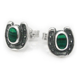 Sterling Silver Lucky Horseshoe Stone Stud Post Earrings, Malachite