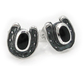 Sterling Silver Lucky Horseshoe and Stone Stud Post Earrings, Onyx