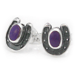 Sterling Silver Lucky Horseshoe and Stone Stud Post Earrings, Sugilite