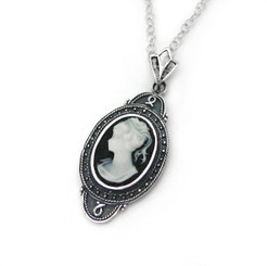 Sterling Silver "Aldine" Resin Cameo Necklace Adjustable Chain 16-18", Black